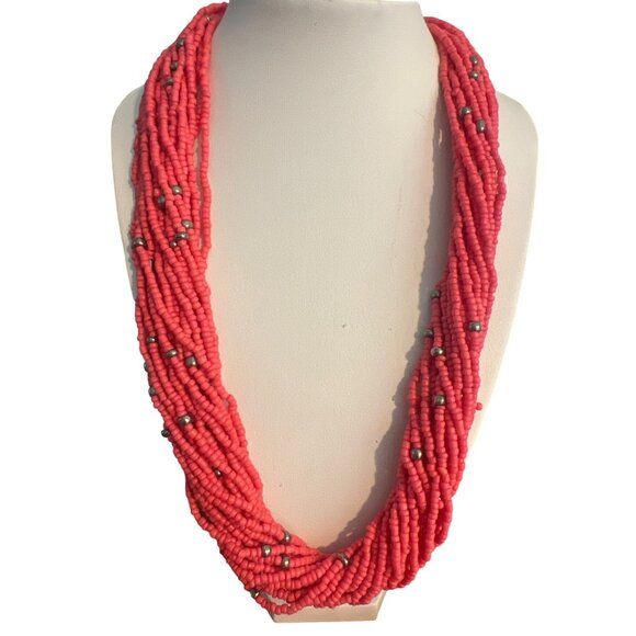 Multi-Strand Pink Silver Tone Beaded Necklace Seed Beads Adj Beach Vacation 22.5 - Picture 1 of 3